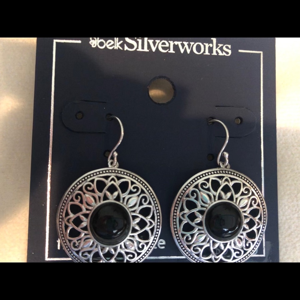 Silver tone onyx drop earrings